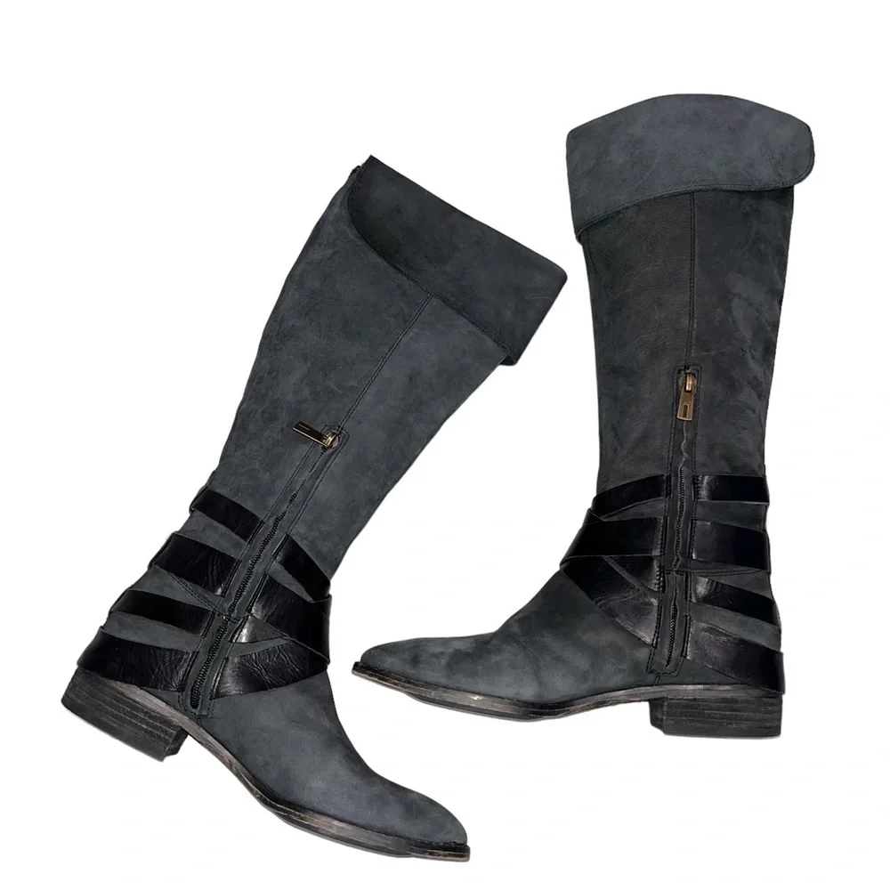 Sam Edelman Washed Black Pia Tall Nubuck Leather Riding Boots